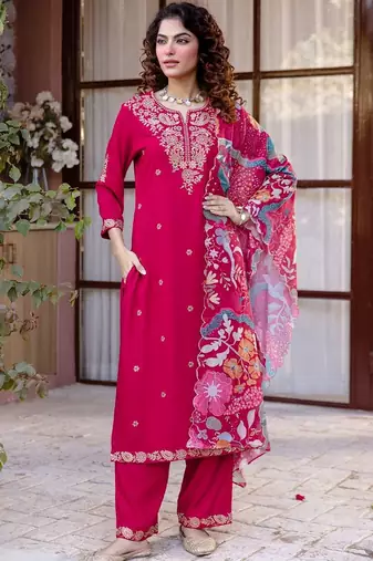 Women Ethnic Motifs Embroidered Regular Thread Work Kurta with Trousers & With Dupatta