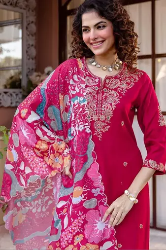 Women Ethnic Motifs Embroidered Regular Thread Work Kurta with Trousers & With Dupatta