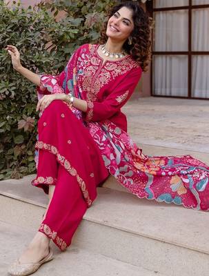 Women Ethnic Motifs Embroidered Regular Thread Work Kurta with Trousers & With Dupatta 4