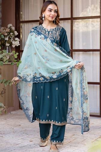 Women Ethnic Motifs Embroidered Regular Thread Work Kurta with Trousers & With Dupatta