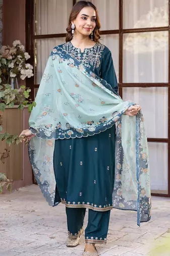 Women Ethnic Motifs Embroidered Regular Thread Work Kurta with Trousers & With Dupatta