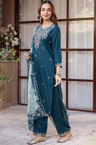 Women Ethnic Motifs Embroidered Regular Thread Work Kurta with Trousers & With Dupatta