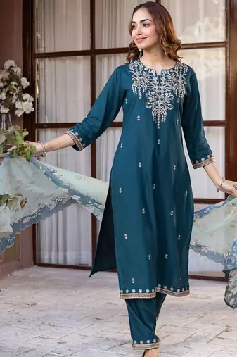 Women Ethnic Motifs Embroidered Regular Thread Work Kurta with Trousers & With Dupatta