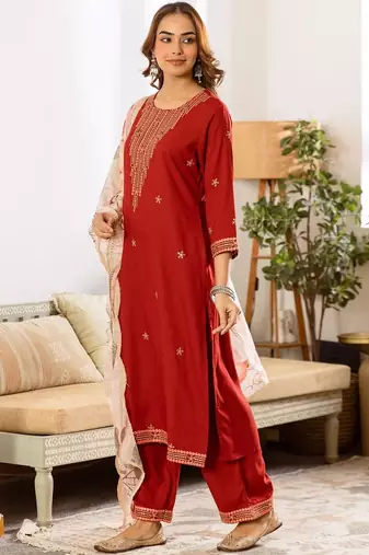 Women Ethnic Motifs Embroidered Regular Thread Work Kurta with Palazzos & With Dupatta