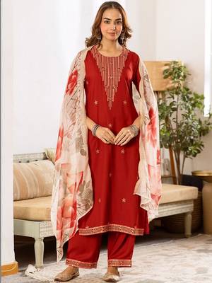 Women Ethnic Motifs Embroidered Regular Thread Work Kurta with Palazzos & With Dupatta 7