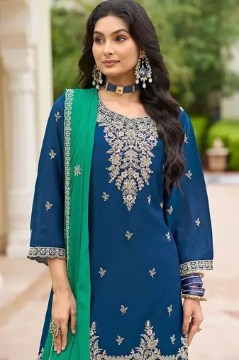 Women Ethnic Motifs Embroidered Regular Thread Work Kurta with Palazzos & With Dupatta