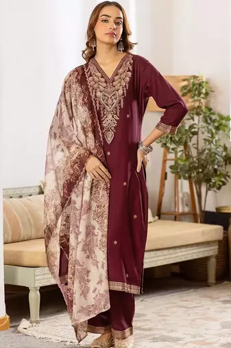 Women Ethnic Motifs Embroidered Regular Thread Work Kurta with Trousers & With Dupatta