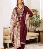 Women Ethnic Motifs Embroidered Regular Thread Work Kurta with Trousers & With Dupatta