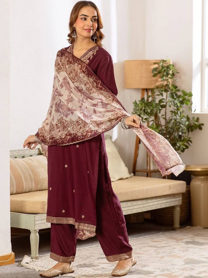Women Ethnic Motifs Embroidered Regular Thread Work Kurta with Trousers & With Dupatta