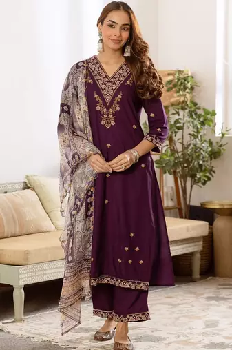 Women Ethnic Motifs Embroidered Regular Thread Work Kurta with Palazzos & With Dupatta