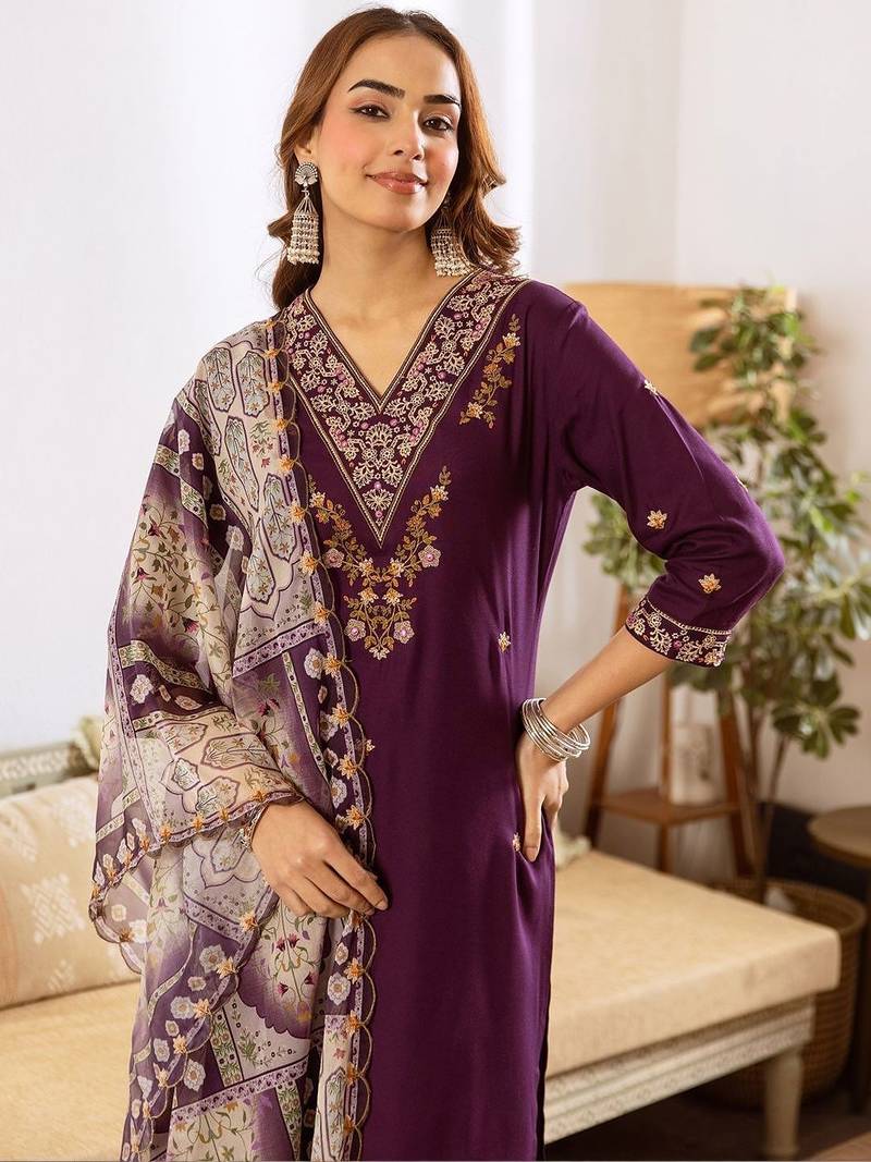 Women Ethnic Motifs Embroidered Regular Thread Work Kurta with Palazzos & With Dupatta