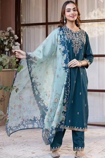 Women Ethnic Motifs Embroidered Regular Thread Work Kurta with Trousers & With Dupatta