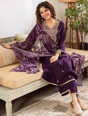 Women Ethnic Motifs Embroidered Regular Thread Work Kurta with Trousers & With Dupatta 1