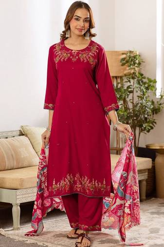 Women Floral Embroidered Regular Thread Work Kurta with Palazzos & With Dupatta