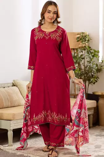 Women Floral Embroidered Regular Thread Work Kurta with Palazzos & With Dupatta