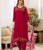 Women Floral Embroidered Regular Thread Work Kurta with Palazzos & With Dupatta