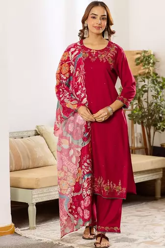 Women Floral Embroidered Regular Thread Work Kurta with Palazzos & With Dupatta