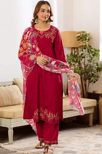 Women Floral Embroidered Regular Thread Work Kurta with Palazzos & With Dupatta