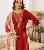 Women Floral Embroidered Regular Thread Work Kurta with Palazzos & With Dupatta