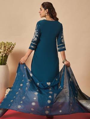 Women Ethnic Motifs Embroidered Regular Kurta with Trousers & With Dupatta 5