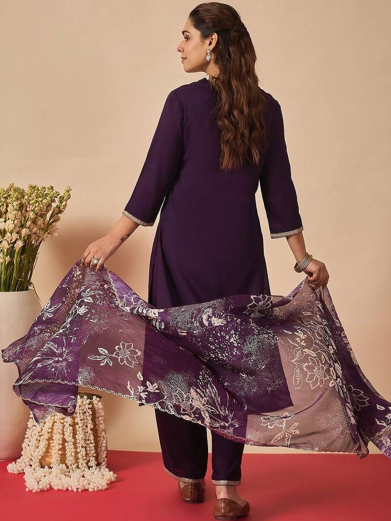 Women Ethnic Motifs Embroidered Regular Thread Work Kurta with Palazzos & With Dupatta