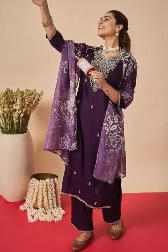 Women Ethnic Motifs Embroidered Regular Thread Work Kurta with Palazzos & With Dupatta
