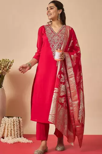 Women Ethnic Motifs Embroidered Regular Thread Work Kurta with Trousers & With Dupatta