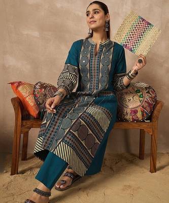 Women Ethnic Motifs Printed Regular Mirror Work Pure Cotton Kurta with Trousers 1