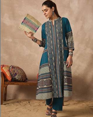 Women Ethnic Motifs Printed Regular Mirror Work Pure Cotton Kurta with Trousers 2