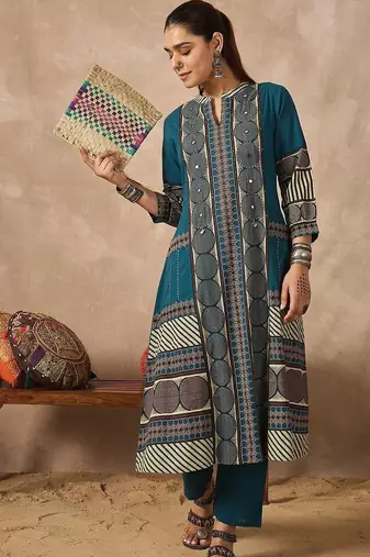 Women Ethnic Motifs Printed Regular Mirror Work Pure Cotton Kurta with Trousers