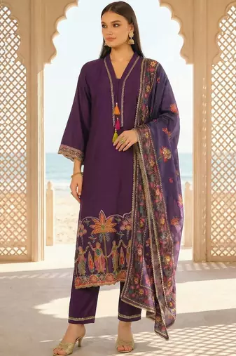 Women Ethnic Motifs Embroidered Regular Thread Work Kurta with Trousers & With Dupatta