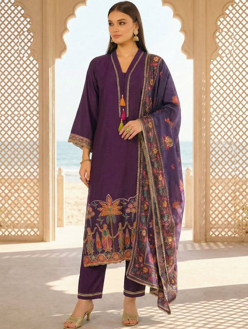 Women Ethnic Motifs Embroidered Regular Thread Work Kurta with Trousers & With Dupatta