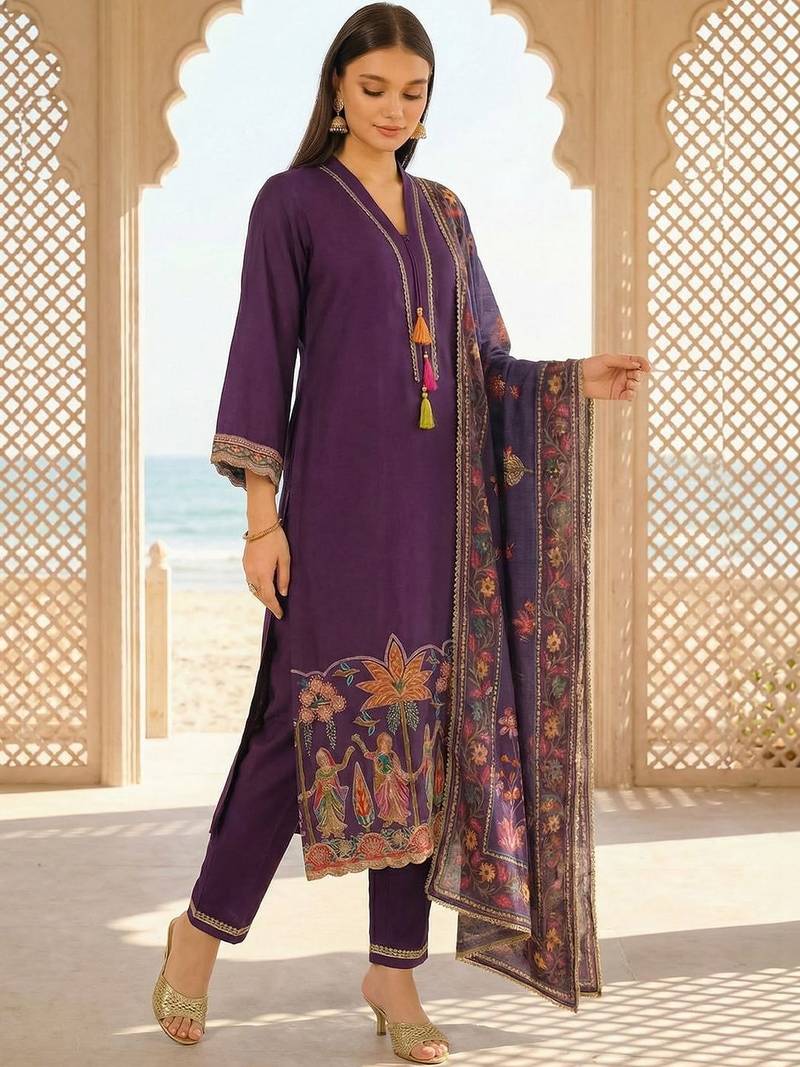 Women Ethnic Motifs Embroidered Regular Thread Work Kurta with Trousers & With Dupatta