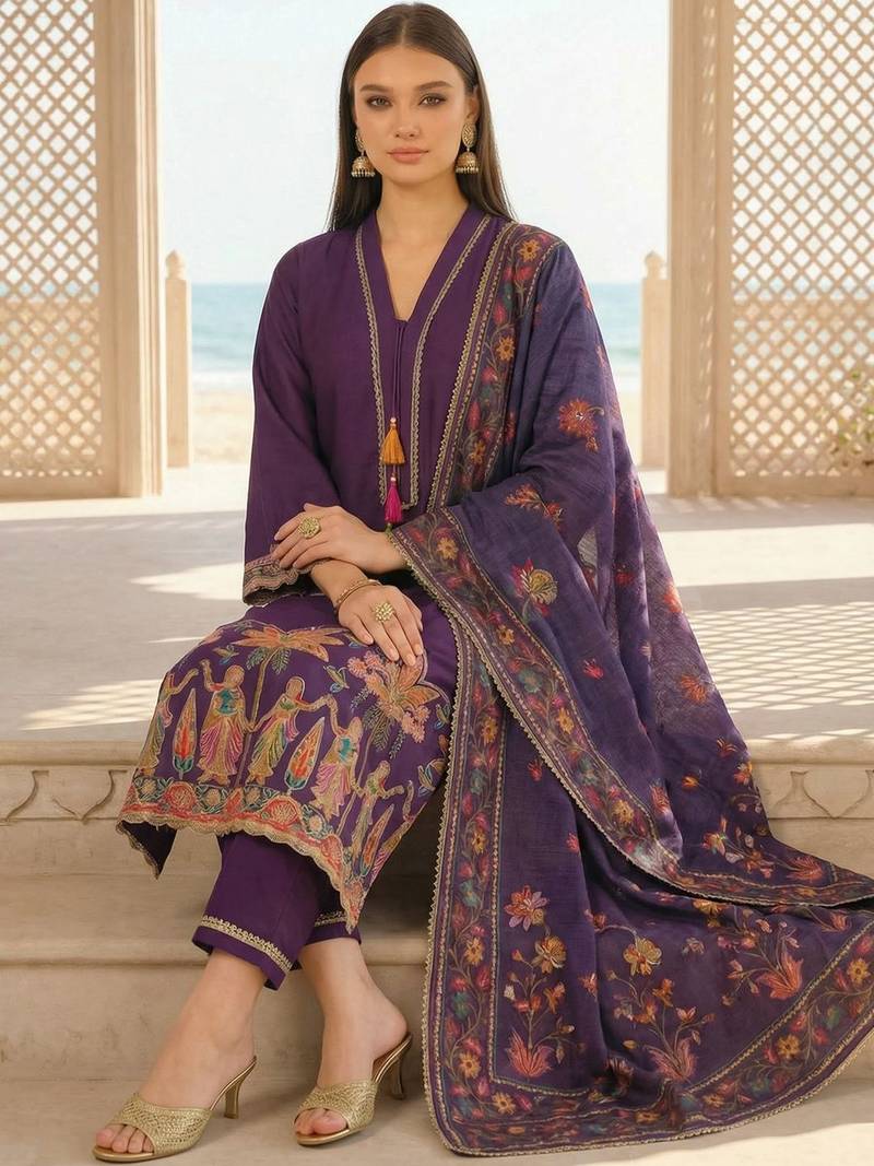 Women Ethnic Motifs Embroidered Regular Thread Work Kurta with Trousers & With Dupatta