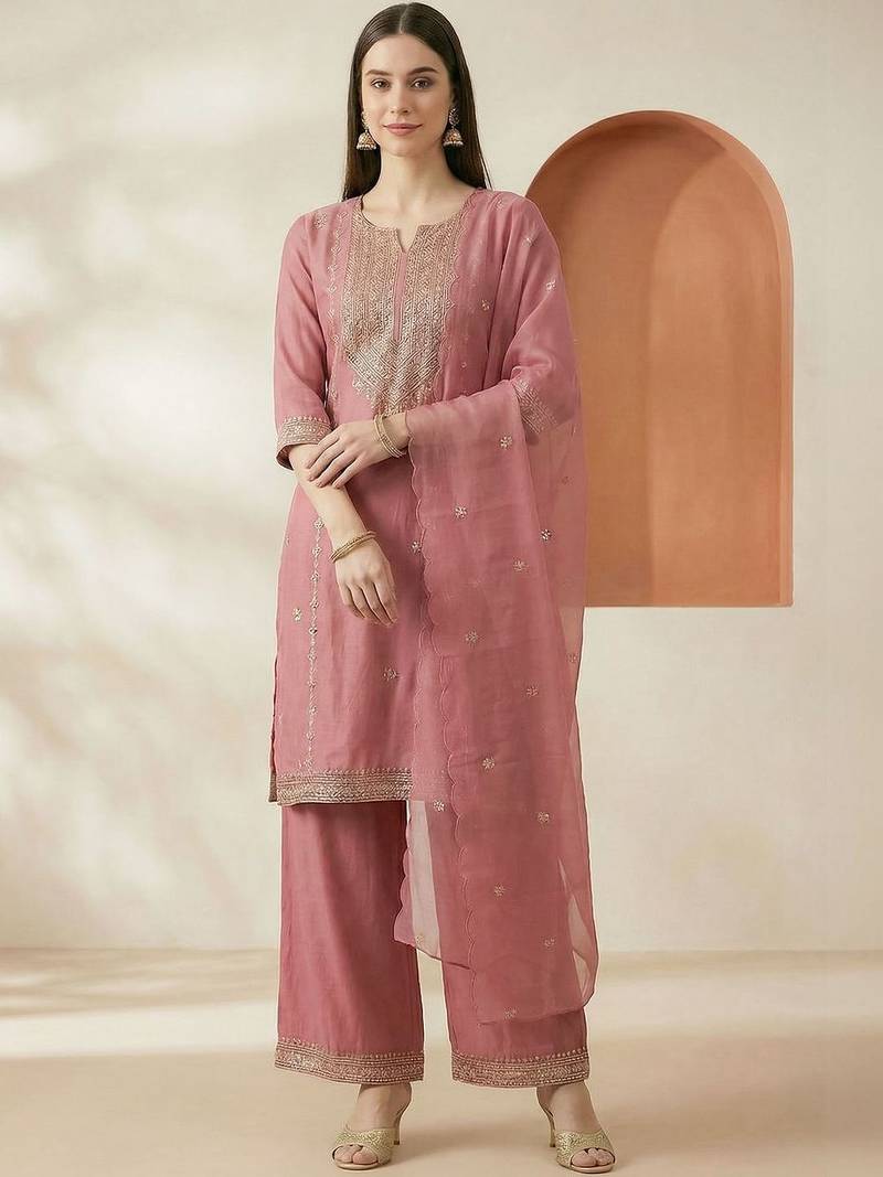 Women Ethnic Motifs Embroidered Thread Work Kurta with Palazzos & With Dupatta