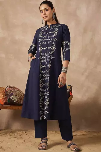 Women Ethnic Motifs Embroidered Regular Thread Work Pure Cotton Kurta with Trousers