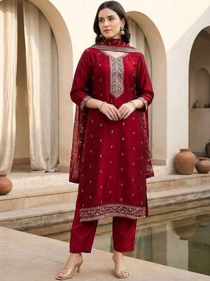 Women Ethnic Motifs Embroidered Regular Thread Work Kurta with Trousers & With Dupatta 2