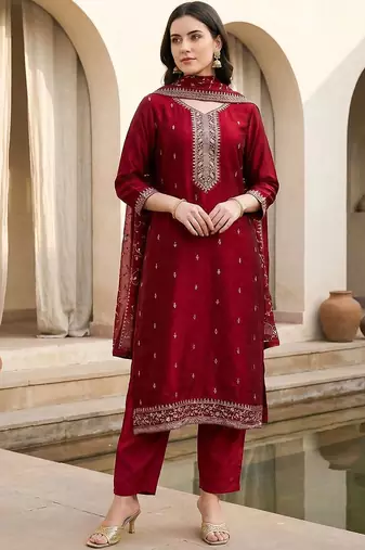 Women Ethnic Motifs Embroidered Regular Thread Work Kurta with Trousers & With Dupatta