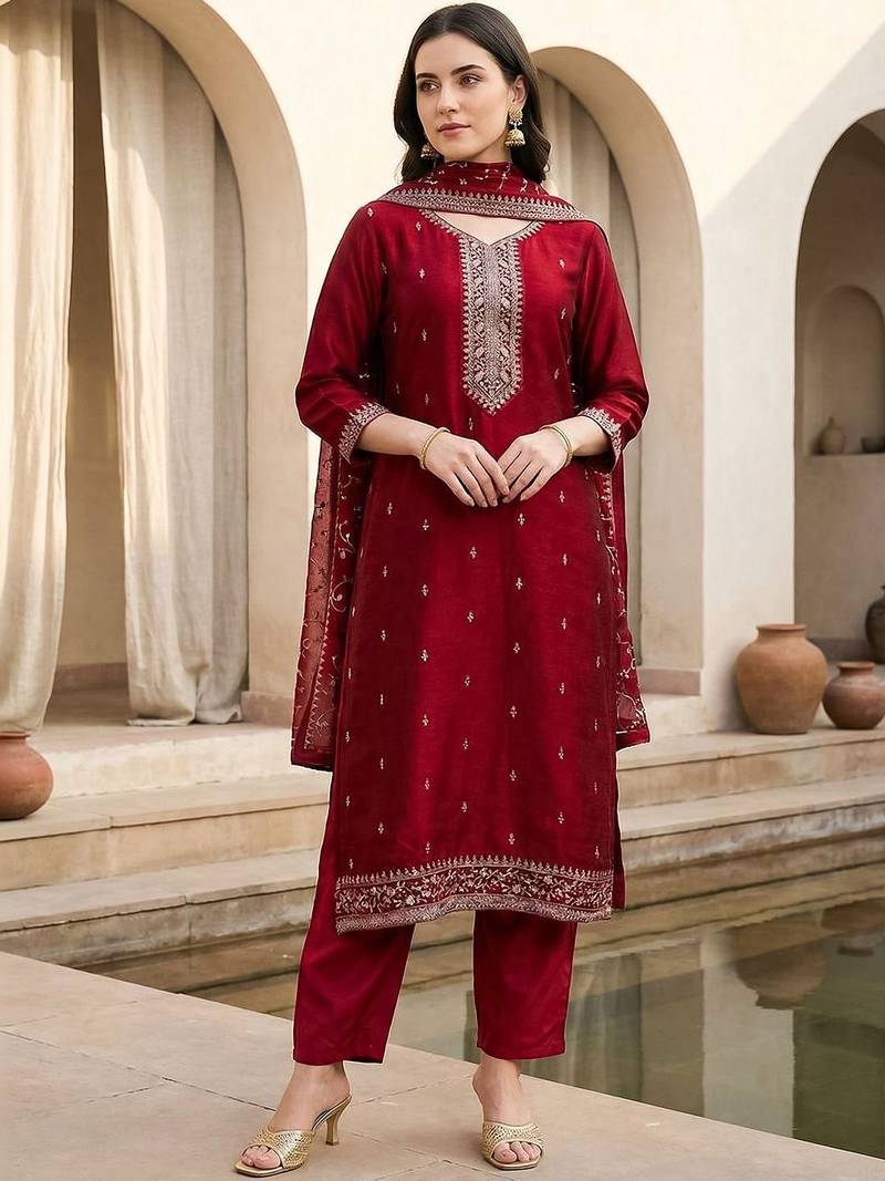 Women Ethnic Motifs Embroidered Regular Thread Work Kurta with Trousers & With Dupatta