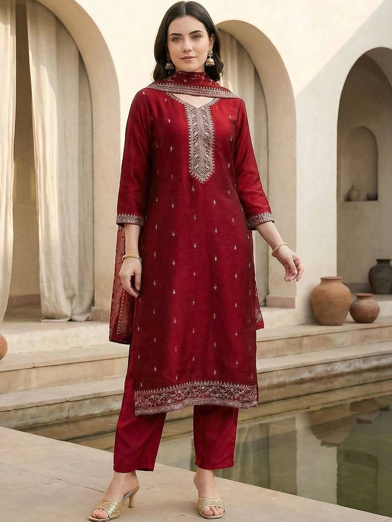 Women Ethnic Motifs Embroidered Regular Thread Work Kurta with Trousers & With Dupatta