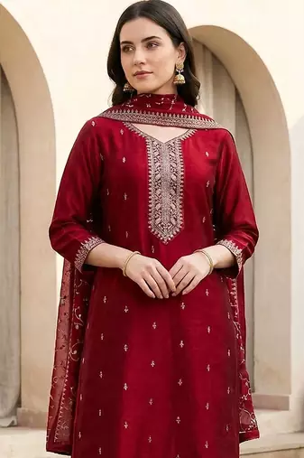 Women Ethnic Motifs Embroidered Regular Thread Work Kurta with Trousers & With Dupatta