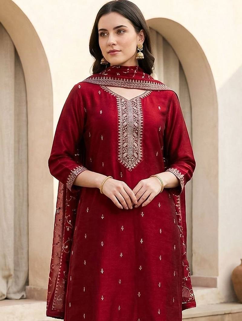 Women Ethnic Motifs Embroidered Regular Thread Work Kurta with Trousers & With Dupatta