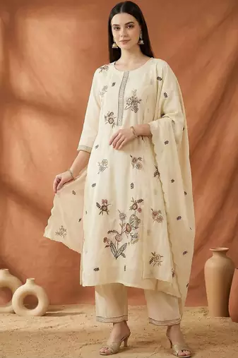 Women Floral Embroidered Regular Thread Work Kurta with Trousers & With Dupatta