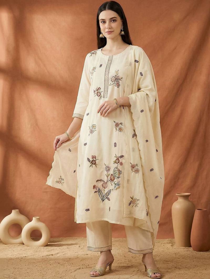 Women Floral Embroidered Regular Thread Work Kurta with Trousers & With Dupatta