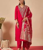 Women Ethnic Motifs Embroidered Regular Thread Work Kurta with Trousers & With Dupatta