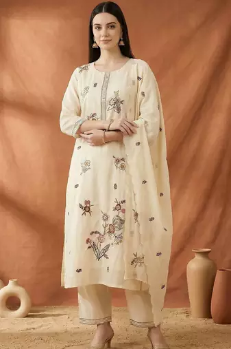 Women Floral Embroidered Regular Thread Work Kurta with Trousers & With Dupatta