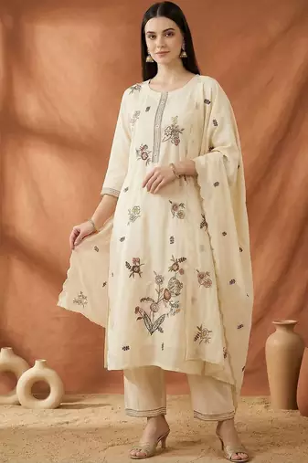 Women Floral Embroidered Regular Thread Work Kurta with Trousers & With Dupatta
