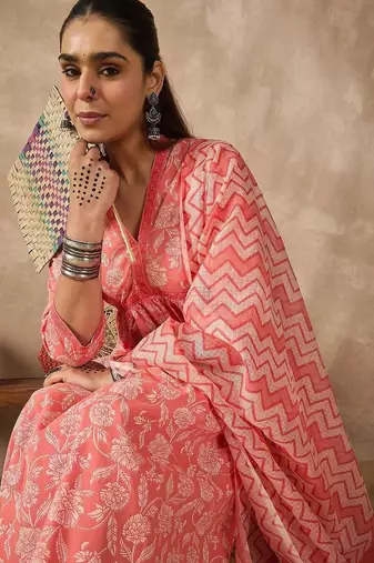 Women Floral Printed Empire Pure Cotton Kurta with Trousers & With Dupatta