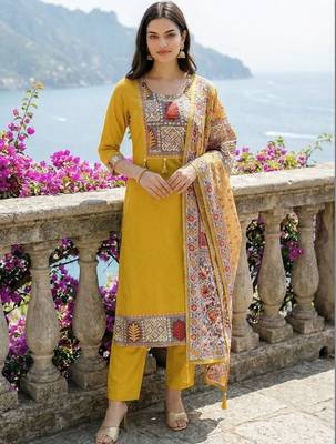 Women Ethnic Motifs Printed Regular Thread Work Kurta with Trousers & With Dupatta 1