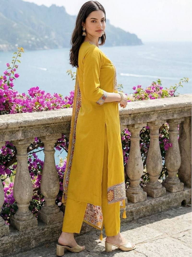 Women Ethnic Motifs Printed Regular Thread Work Kurta with Trousers & With Dupatta